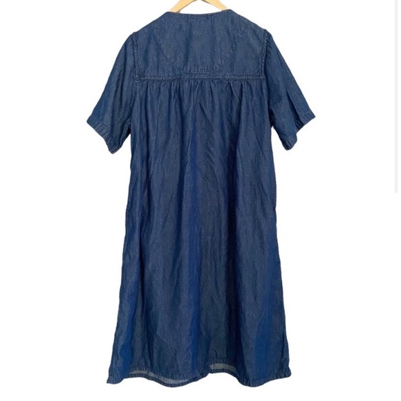 Vintage 90s Denim Embroidered  Snap Front Midi Dress L Loose Fit Short Sleeve - Picture 2 of 8